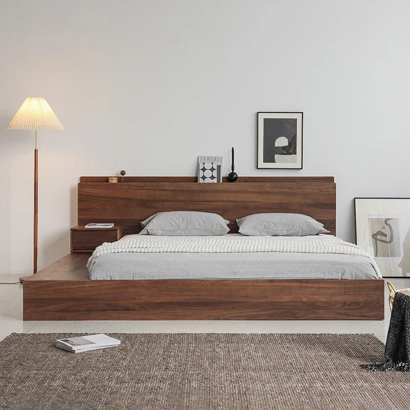 Japanese style walnut wood double bed