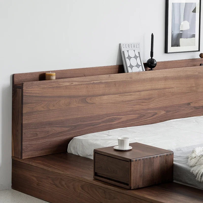 Japanese style walnut wood double bed