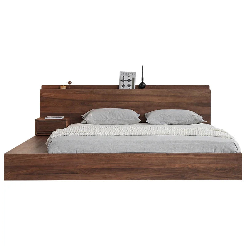 Solid wood double bed Japanese style tatami bed, floor to ceiling low bed, simple and modern black walnut wood