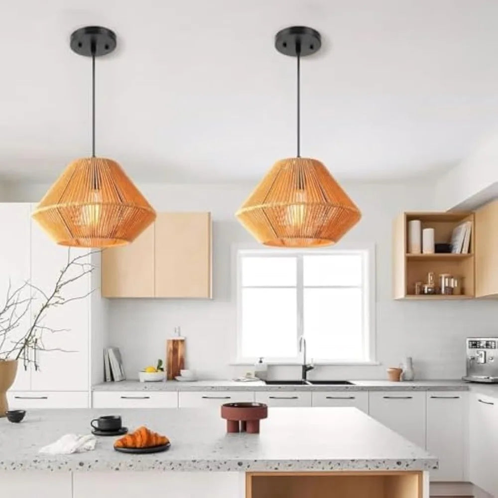 Boho Hand-Woven Rattan Chandelier Japandi Pendant Light E27 Ceiling Hanging Lamps for Kitchen Island Dining Room Living Room