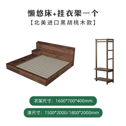 Solid wood double bed Japanese style tatami bed, floor to ceiling low bed, simple and modern black walnut wood