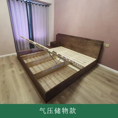 Solid wood double bed Japanese style tatami bed, floor to ceiling low bed, simple and modern black walnut wood