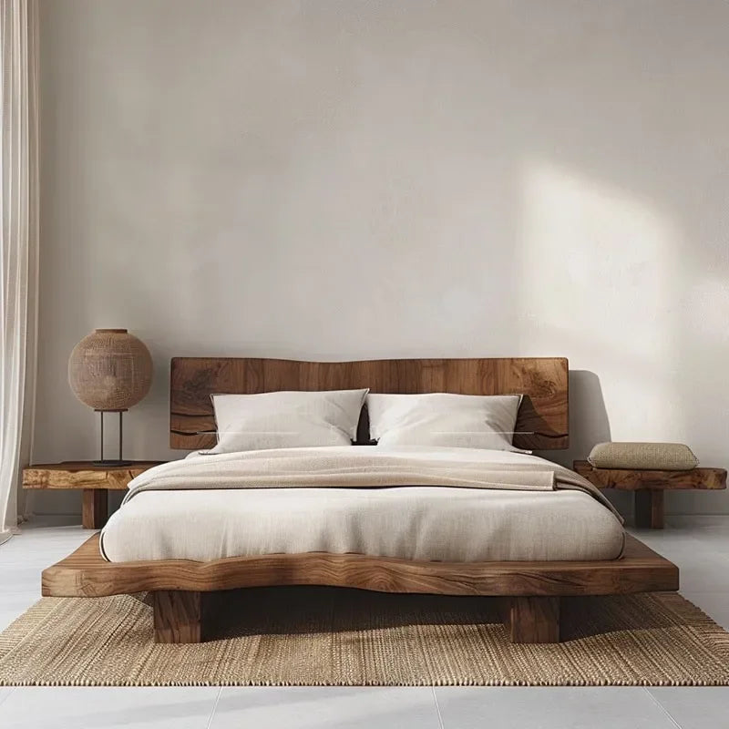 Simple tatami short bed solid wood wabi-sabi wind floor solid wood bed