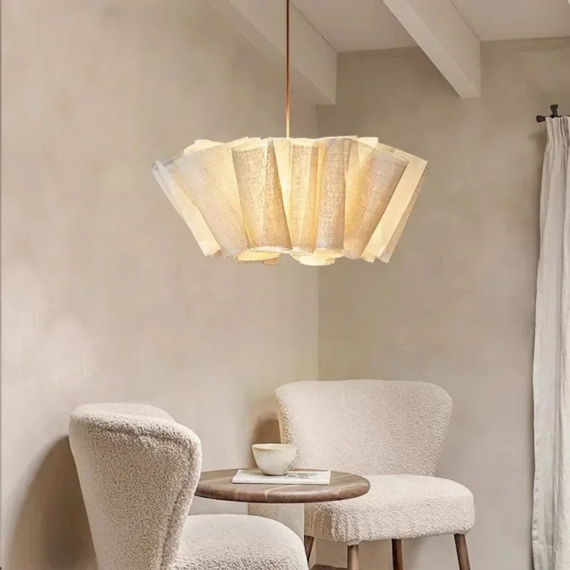 Japanese Style Pleated Pendant Light Wabi Sabi Linen Fabric Lamp For Living Room Study Clothes Shop Restaurant Decoration Light