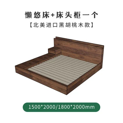 Solid wood double bed Japanese style tatami bed, floor to ceiling low bed, simple and modern black walnut wood