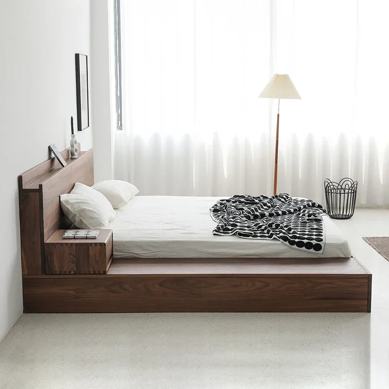 Solid wood double bed Japanese style tatami bed, floor to ceiling low bed, simple and modern black walnut wood