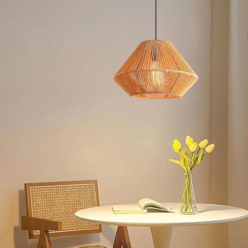 Boho Hand-Woven Rattan Chandelier Japandi Pendant Light E27 Ceiling Hanging Lamps for Kitchen Island Dining Room Living Room