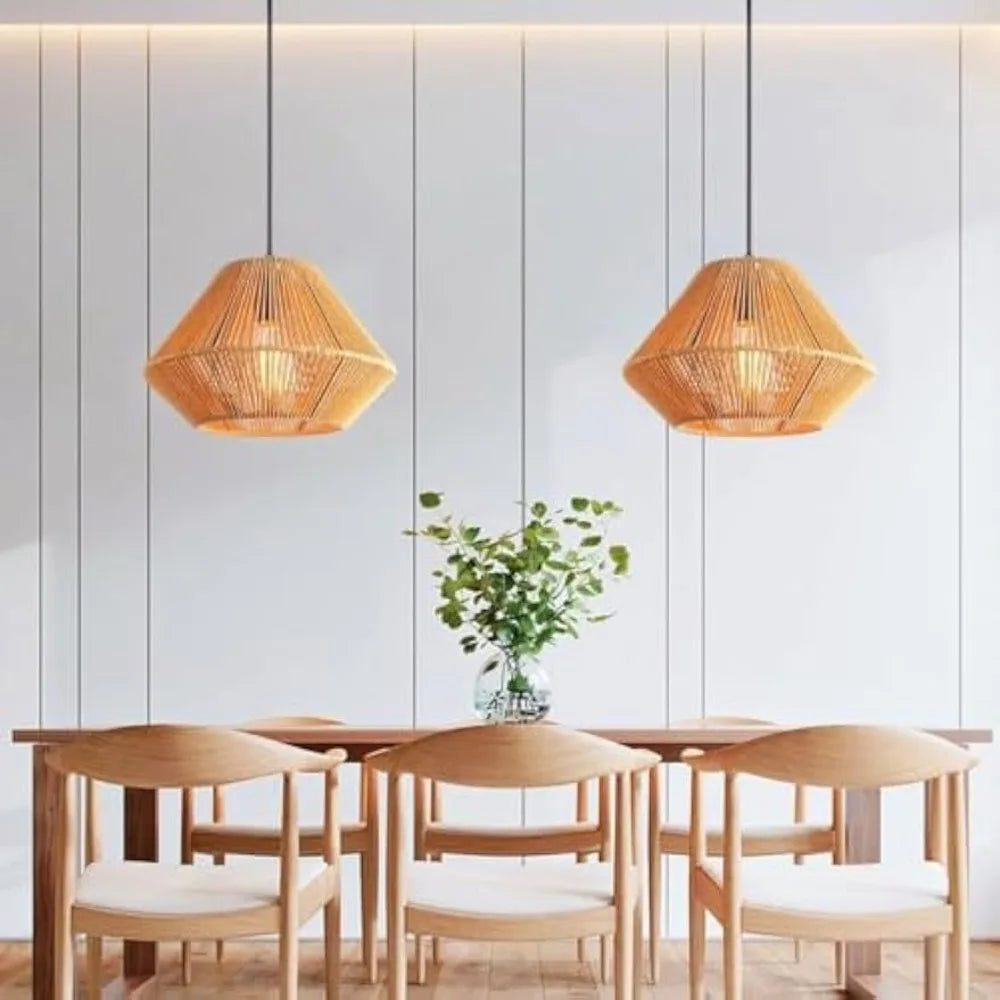 Boho Hand-Woven Rattan Chandelier Japandi Pendant Light E27 Ceiling Hanging Lamps for Kitchen Island Dining Room Living Room