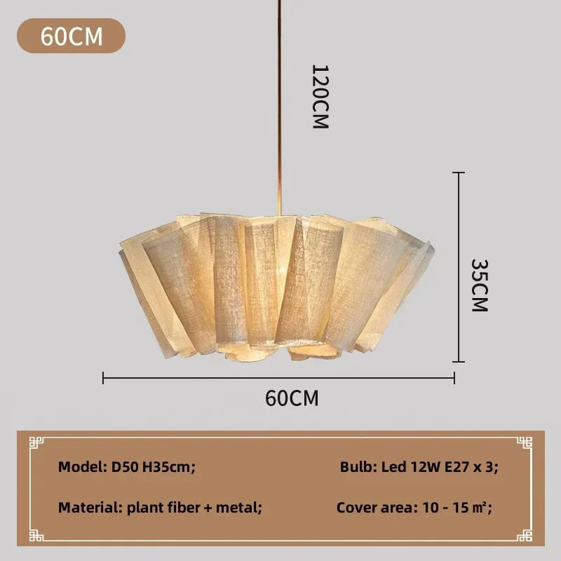 Japanese Style Pleated Pendant Light Wabi Sabi Linen Fabric Lamp For Living Room Study Clothes Shop Restaurant Decoration Light