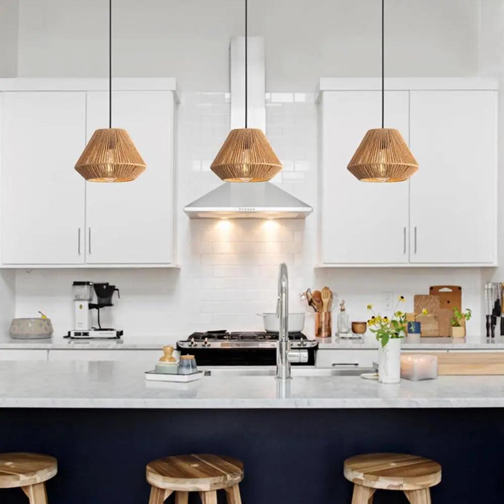 Boho Hand-Woven Rattan Chandelier Japandi Pendant Light E27 Ceiling Hanging Lamps for Kitchen Island Dining Room Living Room