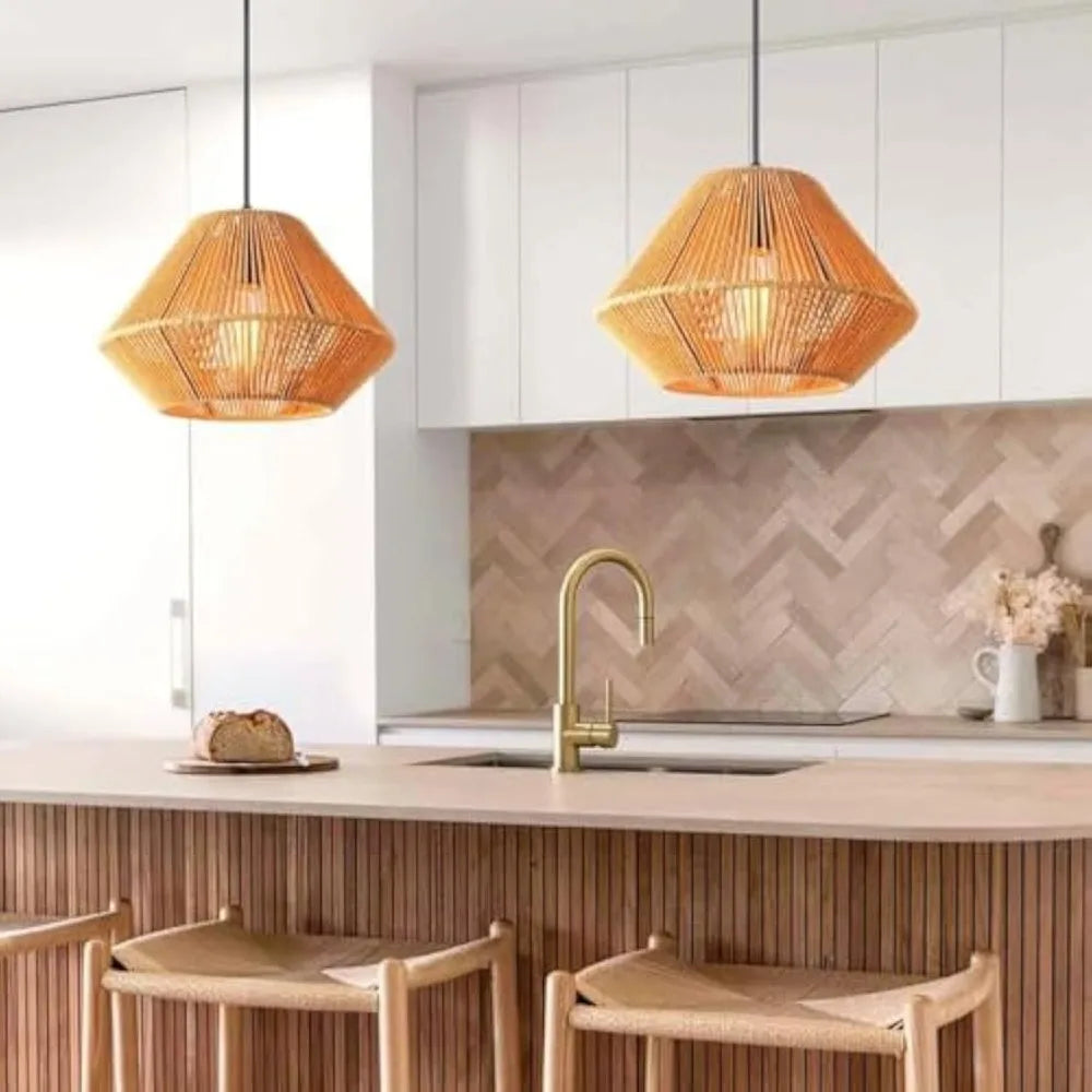 Boho Hand-Woven Rattan Chandelier Japandi Pendant Light E27 Ceiling Hanging Lamps for Kitchen Island Dining Room Living Room