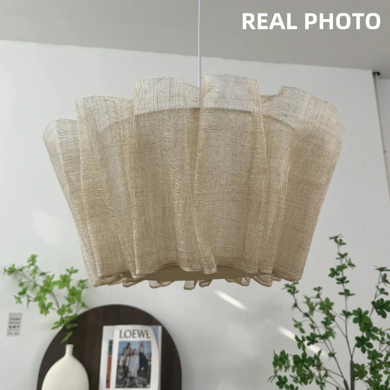 Japanese Style Pleated Pendant Light Wabi Sabi Linen Fabric Lamp For Living Room Study Clothes Shop Restaurant Decoration Light
