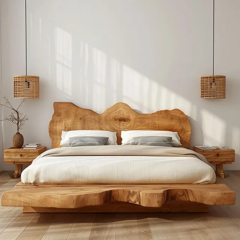 Simple tatami short bed solid wood wabi-sabi wind floor solid wood bed